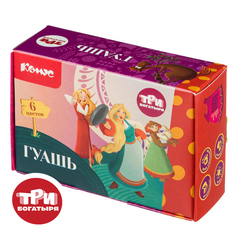 Изображение товара Гуашь Комус Три Богатыря 6 цветов по 20 мл для детей школьников