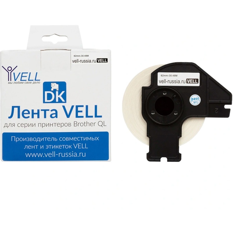 Изображение товара Картридж Vell VL-B-DK для принтеров Brother 62 мм белый с черным шрифтом