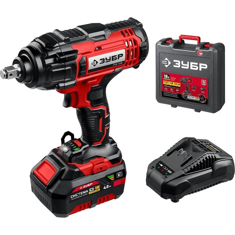Изображение товара Уценка. Гайковёрт аккумуляторный Зубр ГУЛ-410-41 ударный 1/2 дюйма 400 Нм с 1 АКБ и ЗУ в кейсе