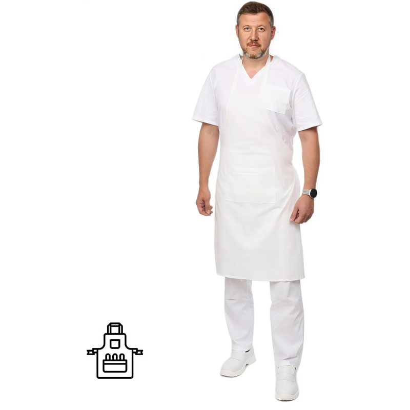 Изображение товара Белый поварской фартук из хлопка с накладными карманами, универсальный размер