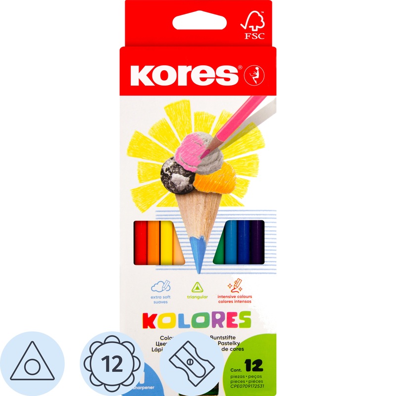 Изображение товара Цветные карандаши Kores Kolores 12 шт трёхгранные для детей учеба и творчество