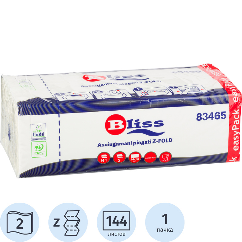 Изображение товара Полотенца бумажные листовые Bliss H2 Z-сложение 2-слойные белые 144 листа (83465)