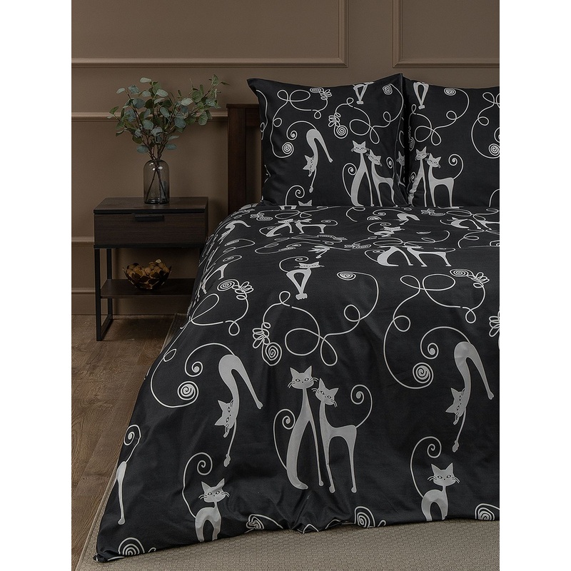 Изображение товара Постельное белье Amore Mio Cats 93074 евро микрофибра чёрное