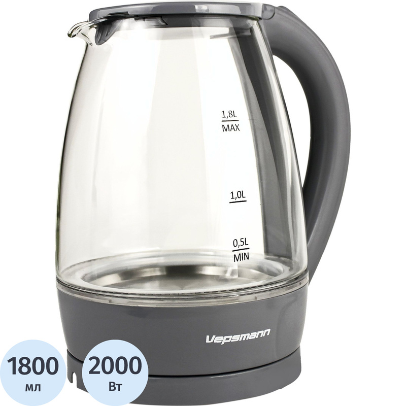 Изображение товара Электрический чайник Vepsmann VN-193 серый 1.8л стекло автоматическое отключение