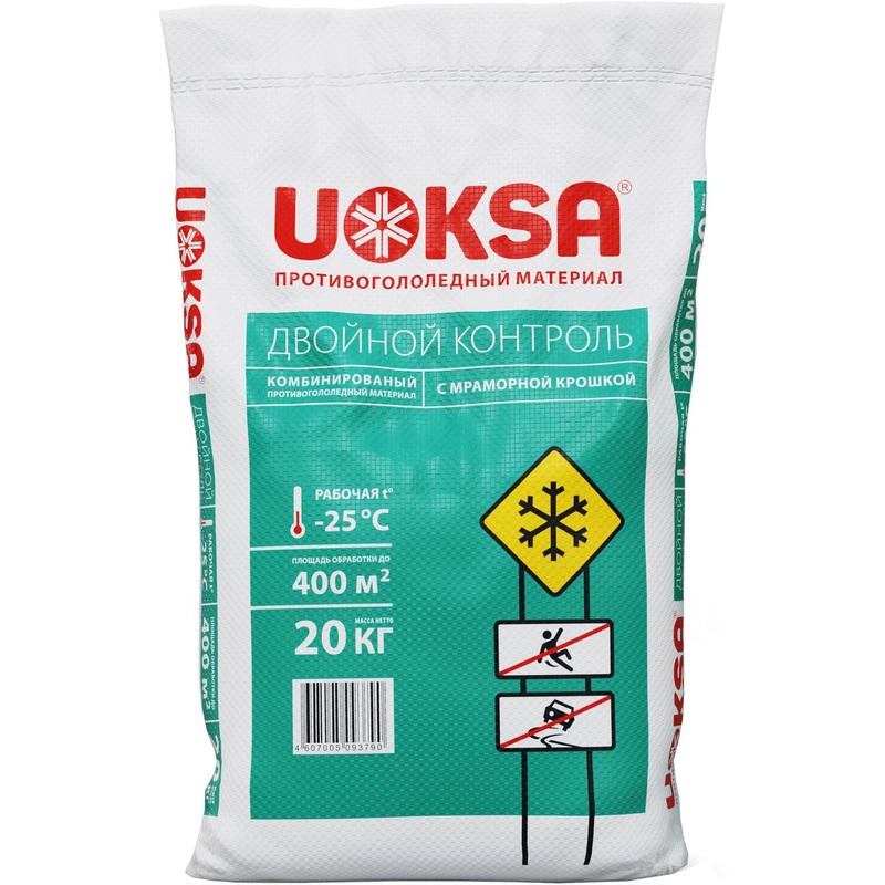 Изображение товара Противогололёдный реагент Uoksa Двойной Контроль с мраморной крошкой 20 кг до -25°C