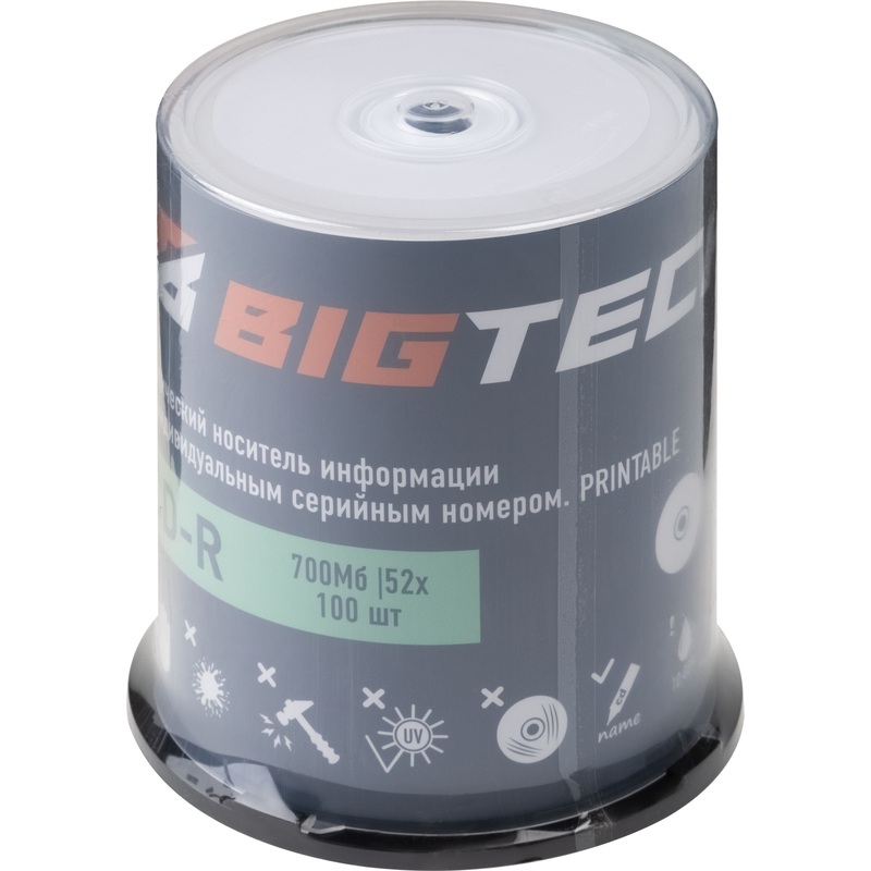 Изображение товара Диск CD-R BigTech 700 МБ 52x cake box 100 штук