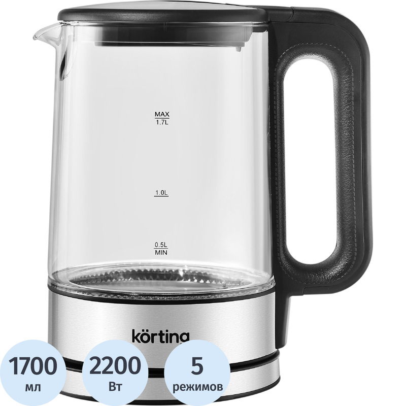 Изображение товара Электрический стеклянный чайник Korting KWK 0901G серебристый 1700 мл