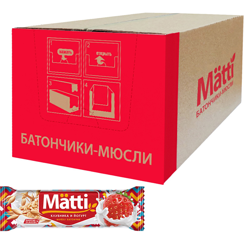 Изображение товара Батончики мюсли Matti клубника и йогурт (24 батончика по 24 г)