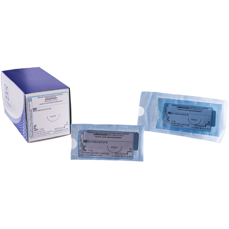 Изображение товара Шовный материал Полипропилен 2/0 75 см колющая игла 30 мм 2/0 (3) (20 штук в упаковке)