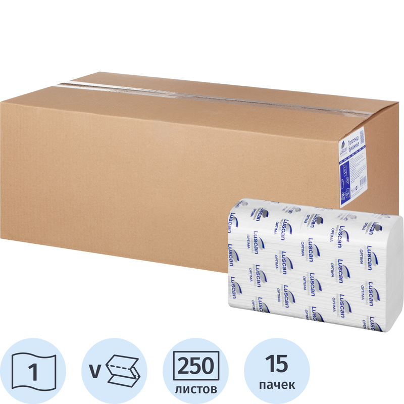 Изображение товара Бумажные полотенца Luscan Professional H3 V-сложение 1 слой белые 15 пачек по 250 листов