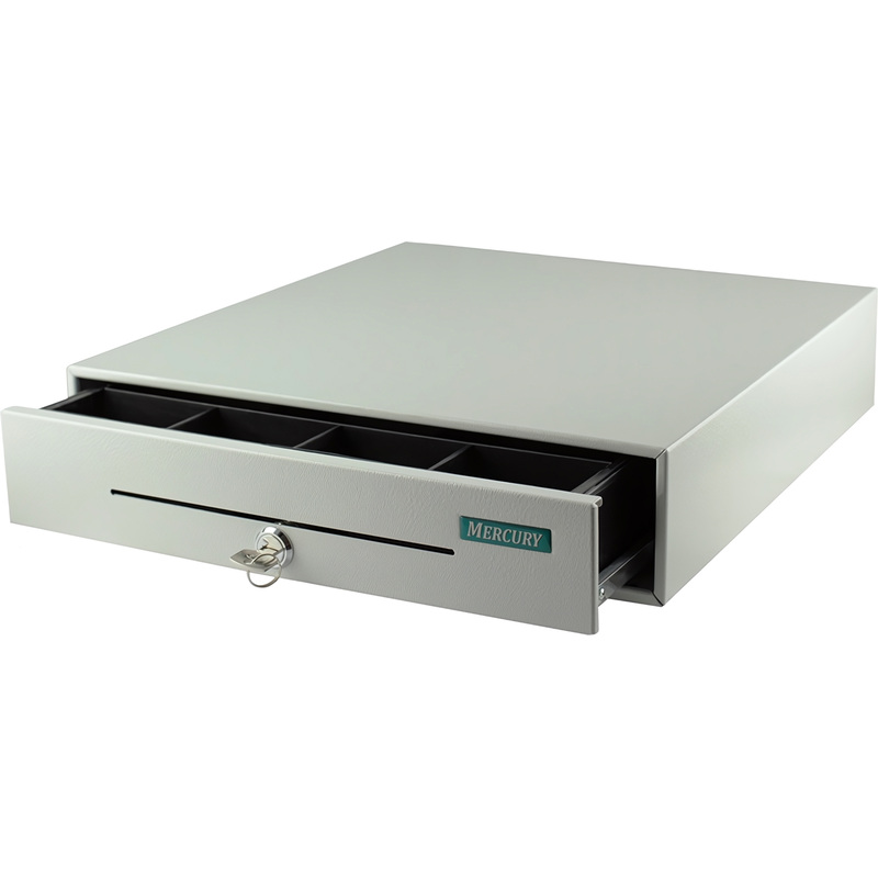 Изображение товара Денежный ящик Меркурий 100.1 механический, металлический белый, 384х358х88 мм