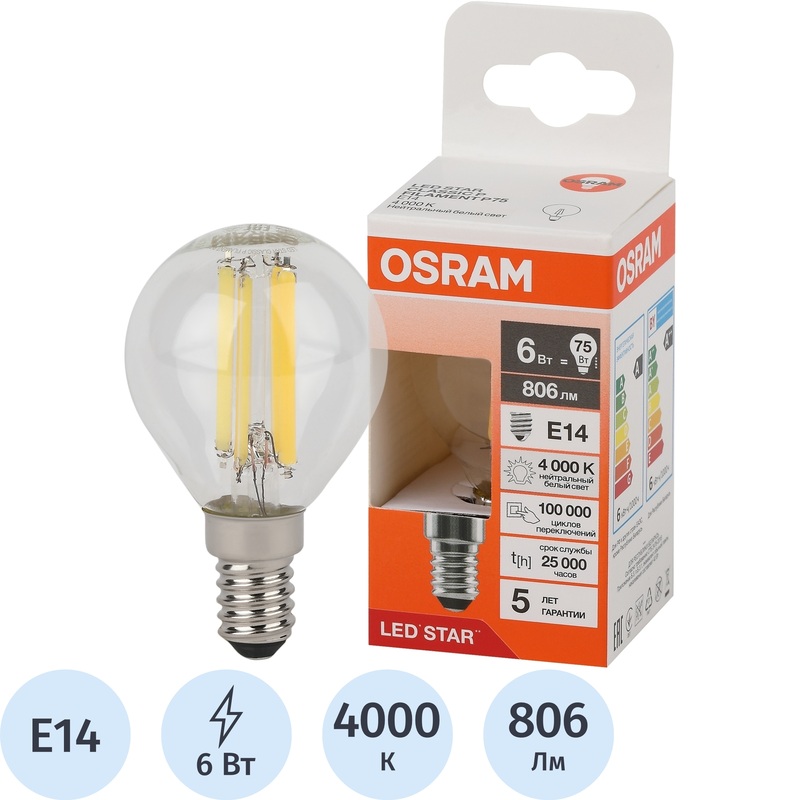 Изображение товара Лампа светодиодная Osram 6 Вт E14 P 4000 К 806 Лм