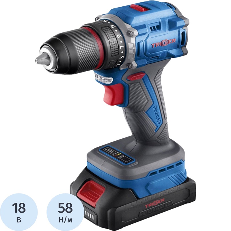 Изображение товара Дрель-шуруповёрт аккумуляторная Триггер 20121 бесщёточная 18 В 2x2 Ач Li-ion с ЗУ в кейсе (тов-225579)