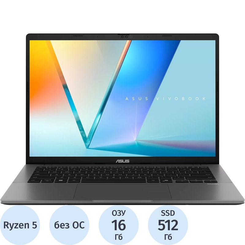 Изображение товара Ноутбук Asus Vivobook S14 OLED M3407HA-LY083 14" серый AMD Ryzen 5 220/16 ГБ/SSD 512 ГБ (90NB16E1-M005E0)
