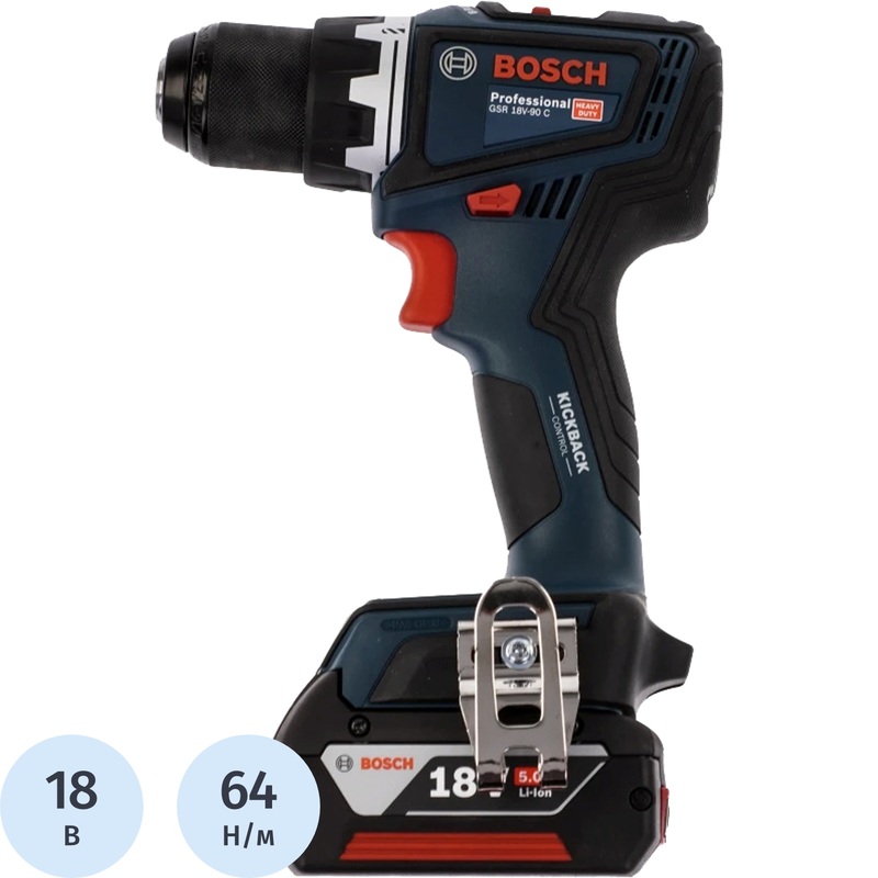 Изображение товара Дрель-шуруповёрт аккумуляторная Bosch GSR 18V-90 C бесщёточная 18 В 2х5 Ач Li-Ion с ЗУ в кейсе (06019K6006)