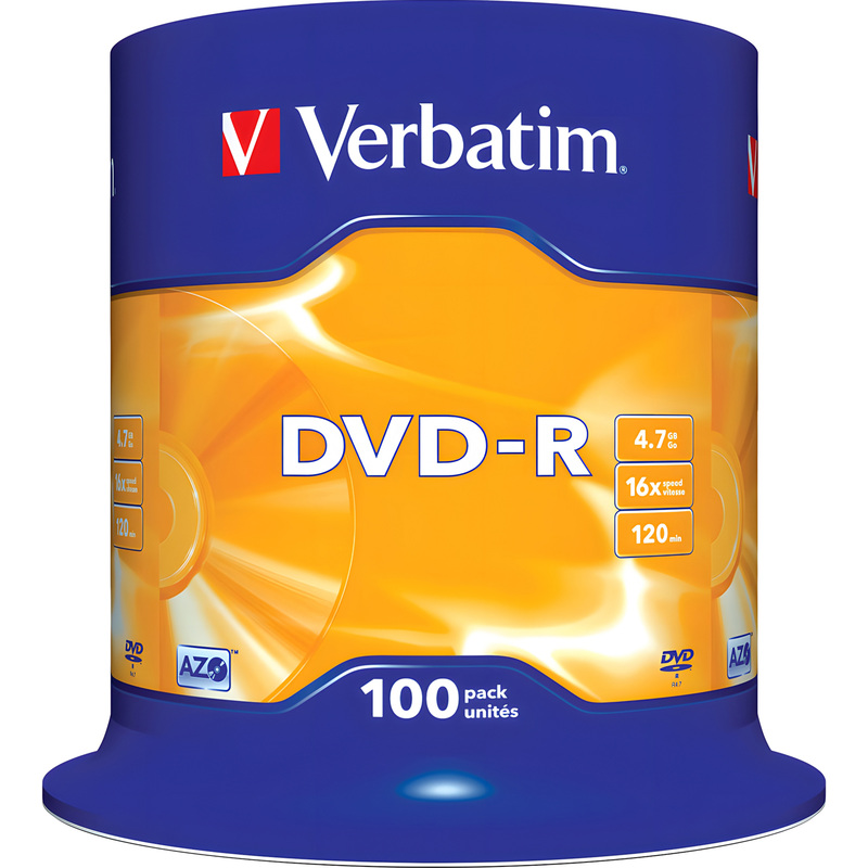 Изображение товара Диск DVD-R Verbatim 4.7 ГБ 16x cake box 43549 100 штук