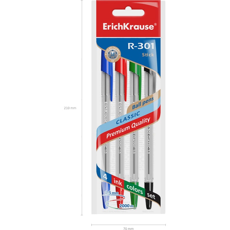 Изображение товара Набор шариковых ручек Erich Krause R-301 Classic Stick 4 цвета (толщина линии 0.5 мм, 44593)