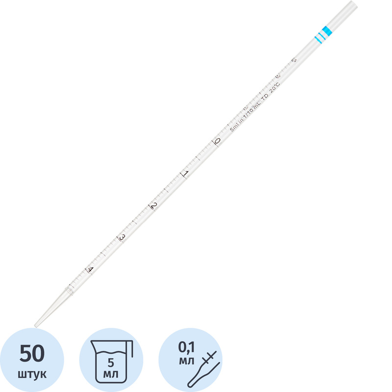 Изображение товара Пипетка серологическая 5 мл прямая-0.1-5 347 мм стерильная (50 штук в упаковке)