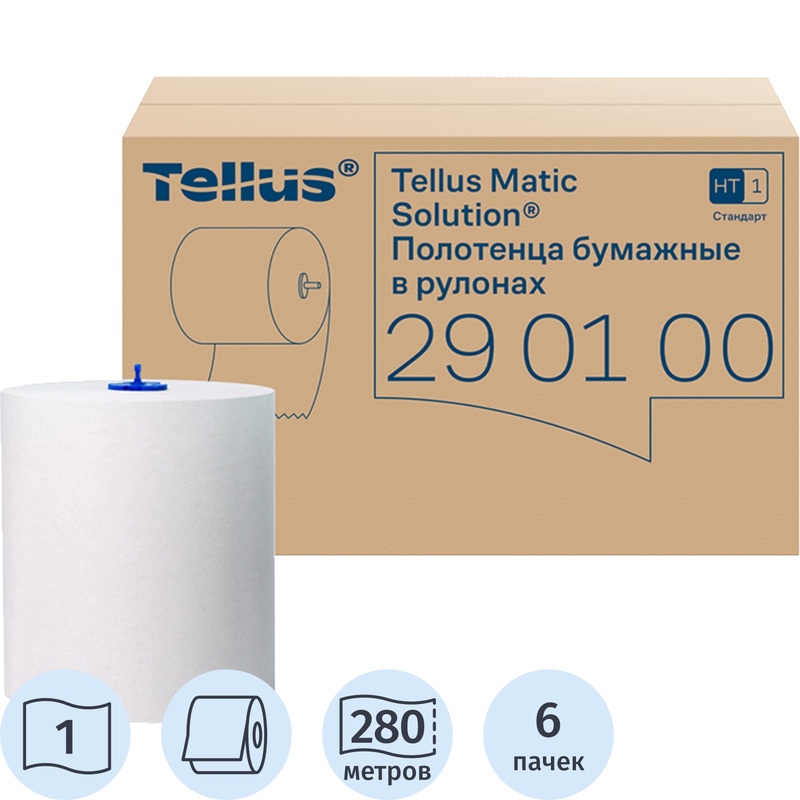 Изображение товара Полотенца бумажные рулонные Tellus H1 1-слойные белые 6 рулонов по 280 метров для туалетов и общест