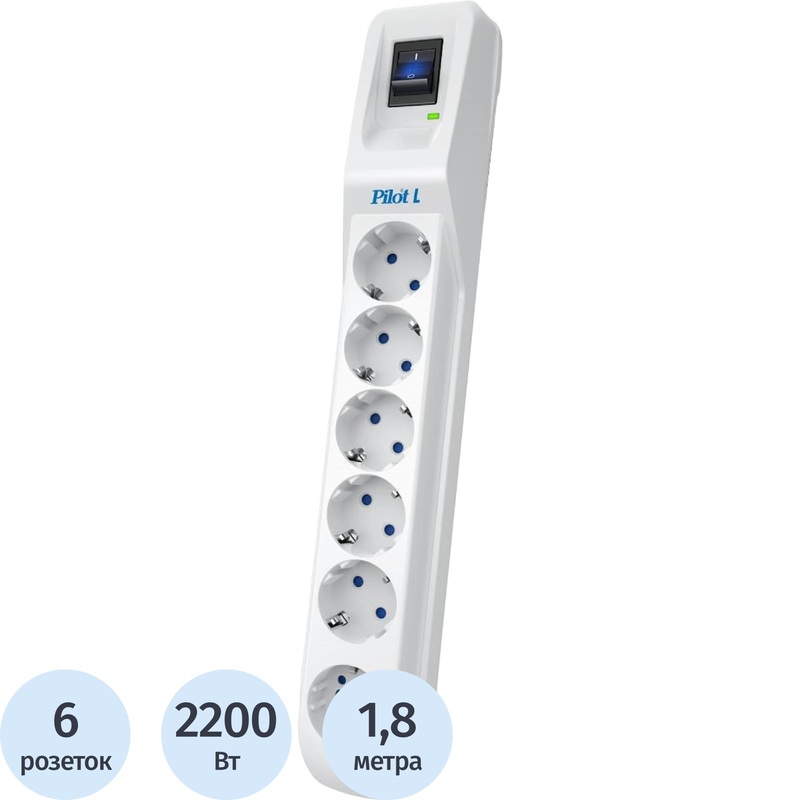 Изображение товара Сетевой фильтр ZIS Pilot L на 6 розеток 1.8 м белый надежная защита