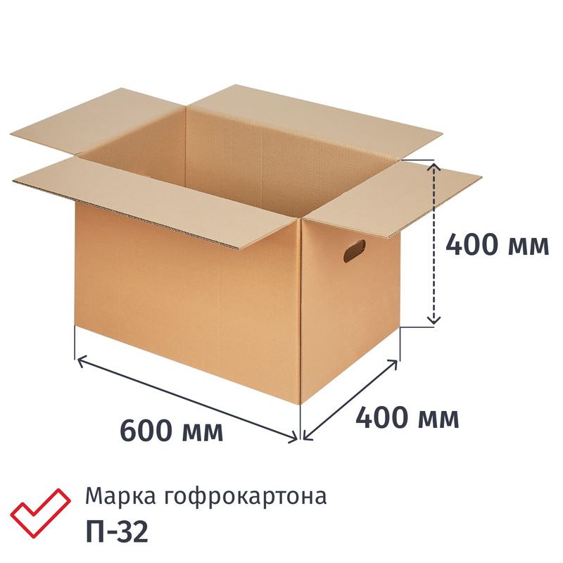 Изображение товара Гофрокороб с ручками 600x400x400 мм П-32 профиль BC бурый (10 штук в упаковке)