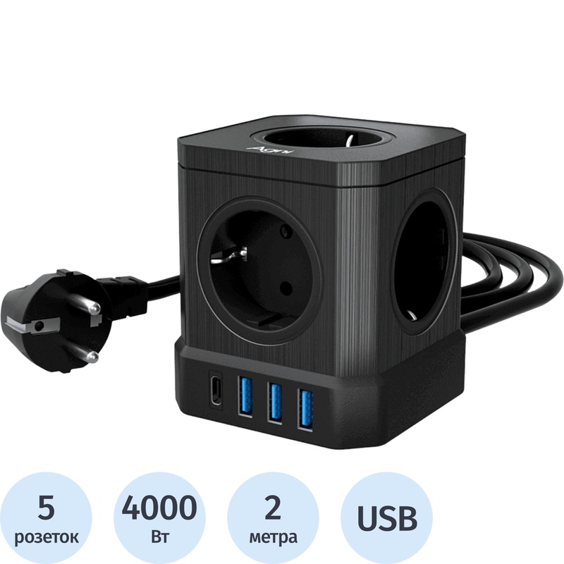 Изображение товара Сетевой фильтр AGNI TP-VE4U5E-C-2m-black с 5 розетками и 4 USB портами