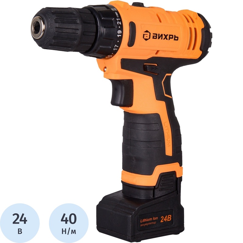 Изображение товара Дрель-шуруповёрт аккумуляторная Вихрь ДА-24Л-2к 2 АКБ х Li-ion (24В, 2 Ач)+ЗУ в кейсе (72/14/18)