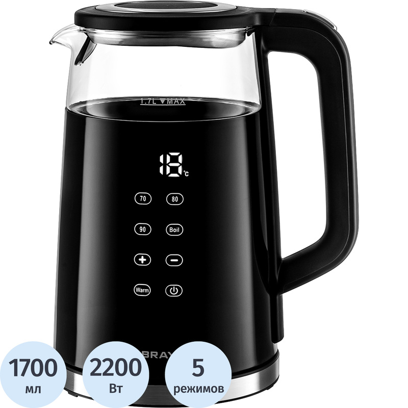 Изображение товара Электрический чайник Brayer 1037BR черный объём 1.7 л мощность 2200 Вт