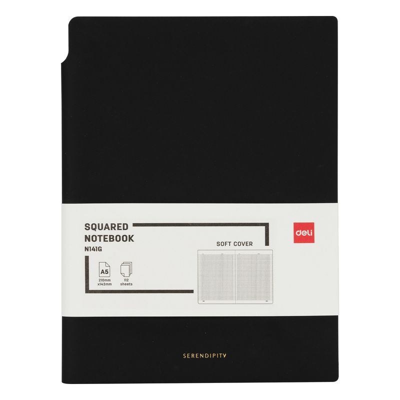 Изображение товара Блокнот Deli А5 112 листов черный в клетку искусственная кожа