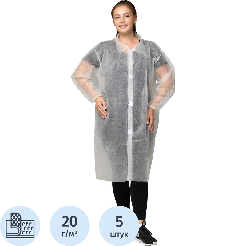 Изображение товара Одноразовый белый халат на липучке 52-54 унисекс лекарственный и пищевой области