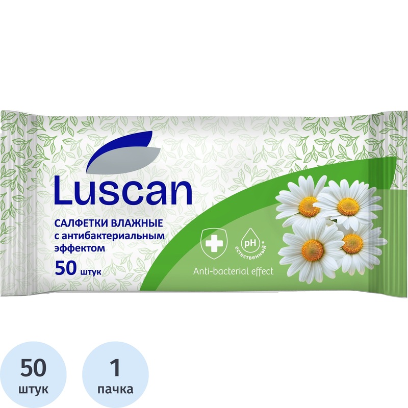 Изображение товара Антибактериальные влажные салфетки Luscan с мягким клапаном 50 листов