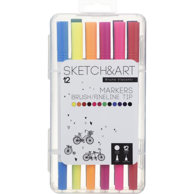 Изображение товара Набор маркеров Sketch&Art двухсторонние 12 цветов с кистью и линером