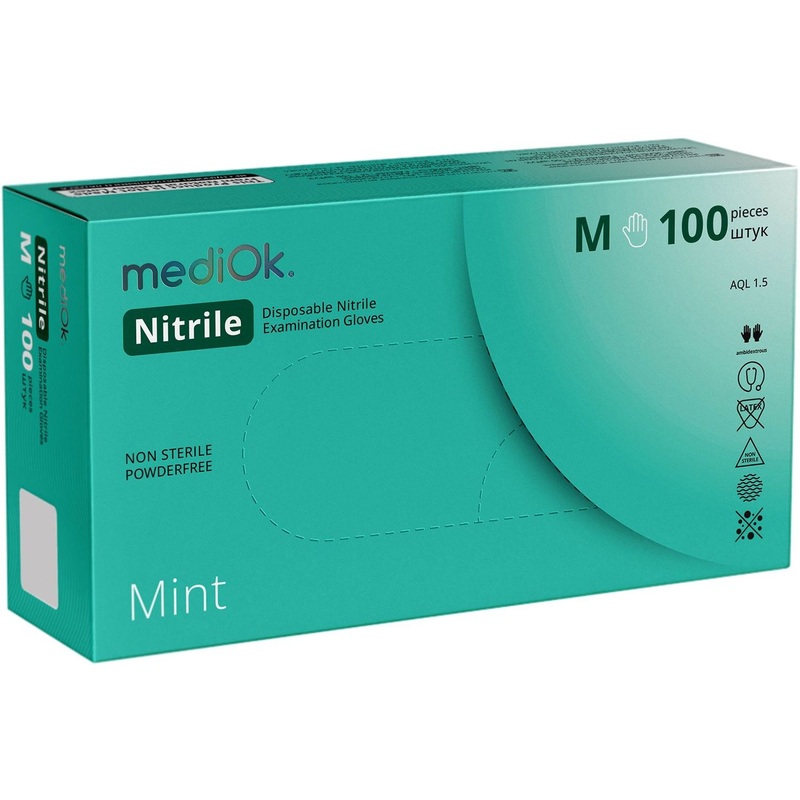 Изображение товара Медицинские нитриловые смотровые перчатки MediOk, неопудренные, зеленые, размер M, 100 пар