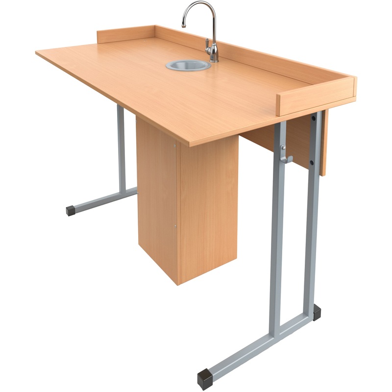 Изображение товара Учебный лабораторный стол для лаборатории с сантехникой и бортиком бук серый