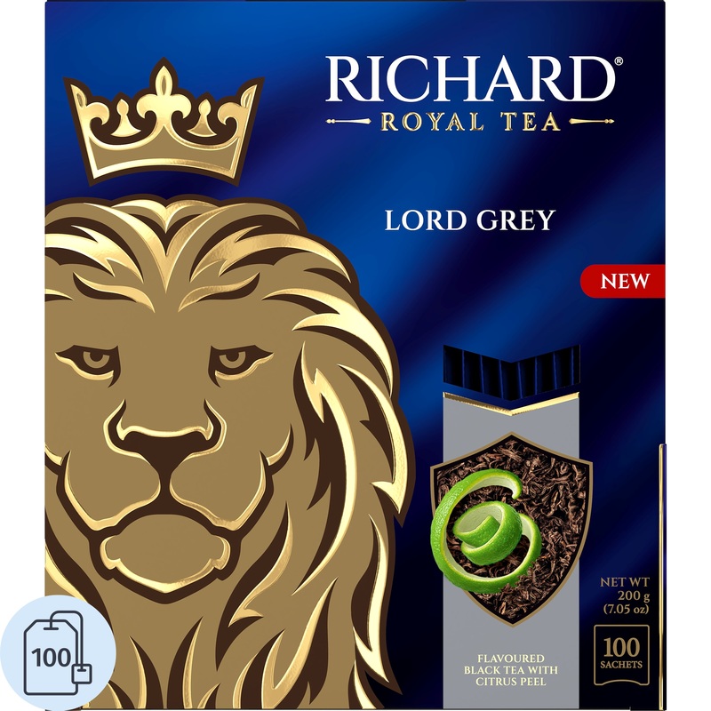 Изображение товара Чай чёрный Richard Lord Grey 100 пакетиков (бергамот, лимон, цедра цитрусовых) Изображение товара Чай чёрный Richard Lord Grey 100 пакетиков (бергамот, лимон, цедра цитрусовых)