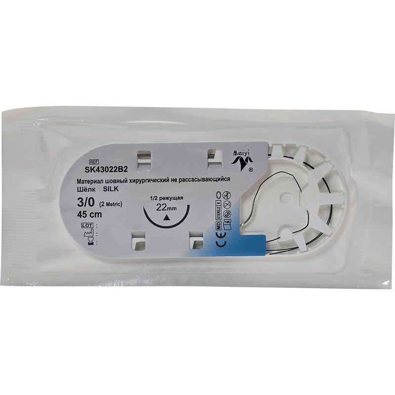 Изображение товара Шовный материал хирургический нерассасывающийся Meiyi USP 3/0 45 см режущая игла 22 мм 1/2 (12 штук в упаковке)
