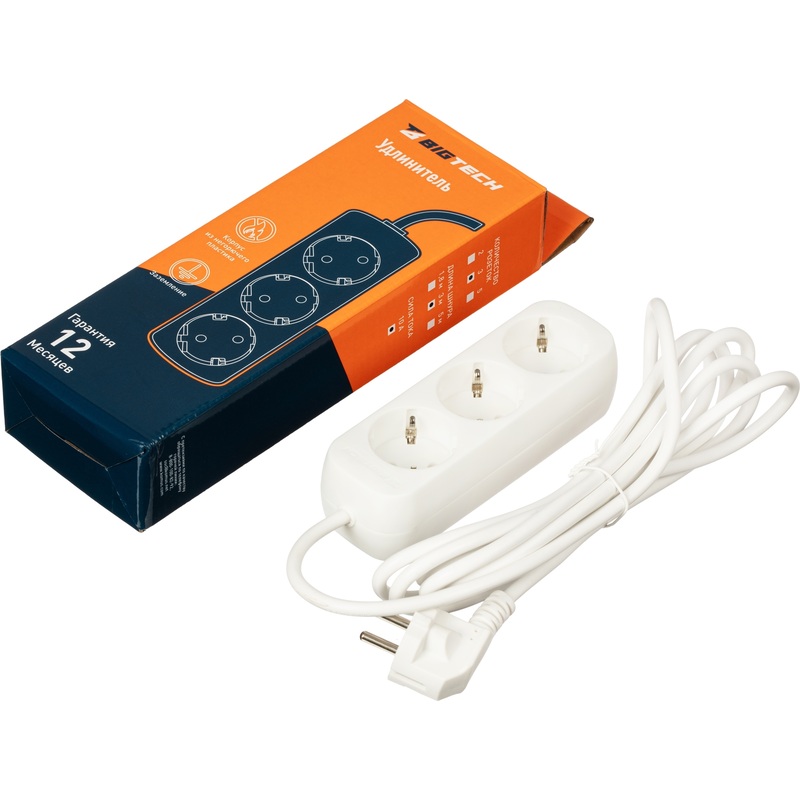 Изображение товара Удлинитель BigTech UTD-310-3-W 3 розетки 3 м заземление пожаробезопасный