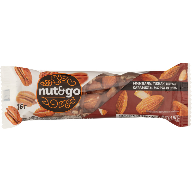 Изображение товара Батончик Nut N Go с миндалем пеканом карамелью и морской солью 36 г (18 шт в упаковке)