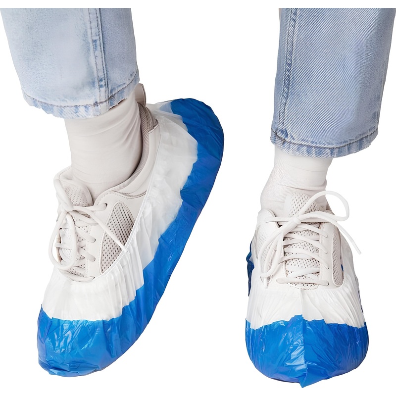 Изображение товара Бахилы одноразовые Elegreen полиэтиленовые с двойной подошвой 14 мкм белые/синие (2.6 г, 950 пар в упаковке)