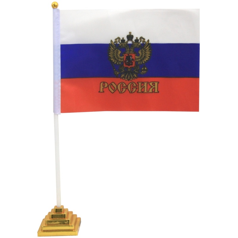 Изображение товара Флаг Российской Федерации с гербом 14x21 см с флагштоком для внутреннего и уличного использования