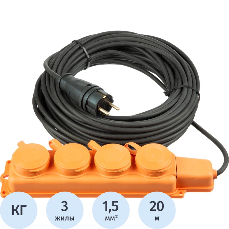 Изображение товара Удлинитель-шнур силовой TOPFORT КГтп 3х1.5 кв.мм 20 м 16 А с заземлением 4 розетки