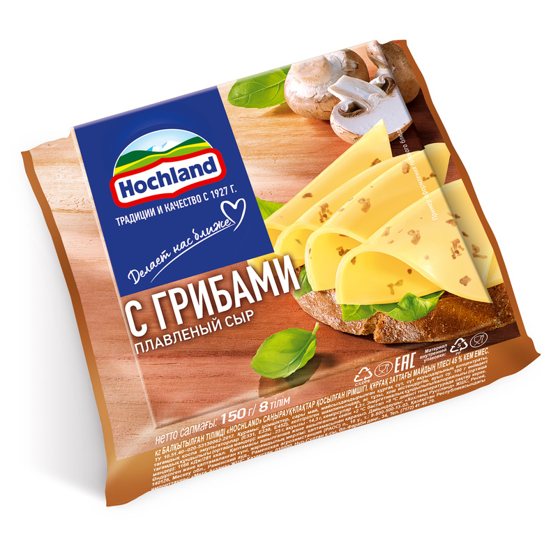 Изображение товара Плавленый сыр Hochland с грибами 45% 150 г 8 ломтиков для тостов