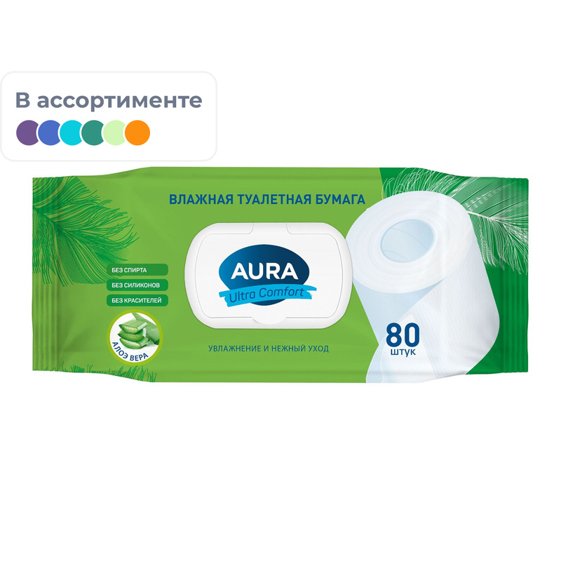 Изображение товара Влажная туалетная бумага Aura Ultra Comfort 80 листов с ромашкой и алоэ