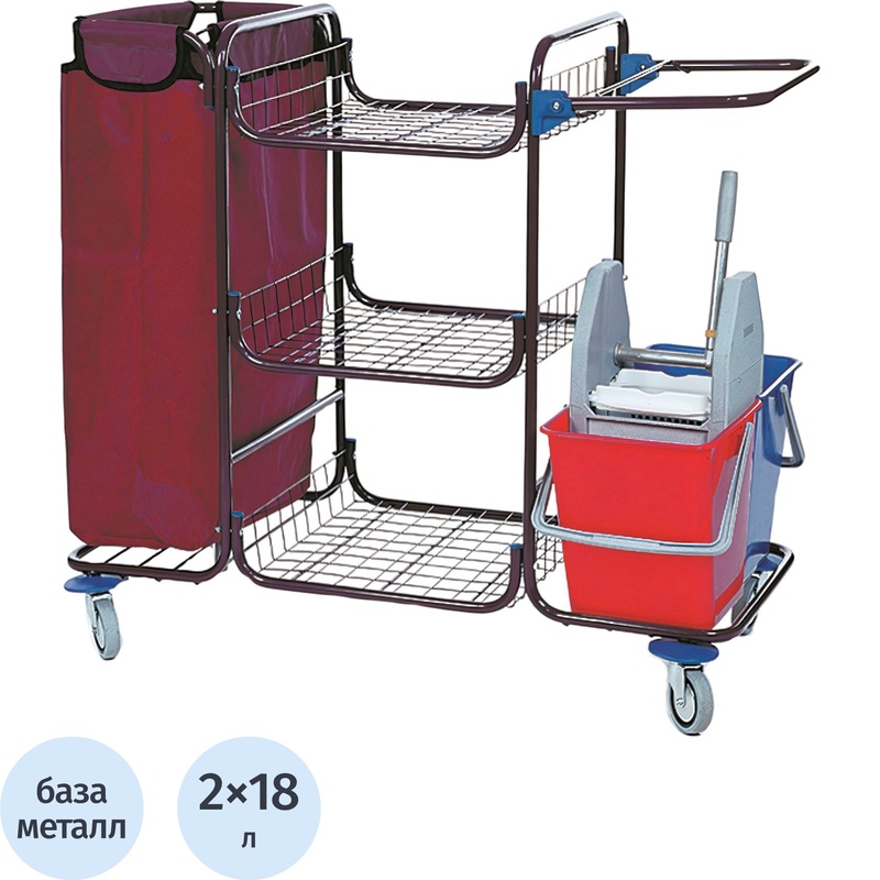 Изображение товара Тележка для горничной Кабриолет 95.275/5 с мешком и ведрами 3 полки