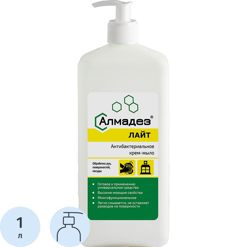 Изображение товара Жидкое антибактериальное мыло Алмадез-Лайт 1 литр с дозатором для рук и кожи