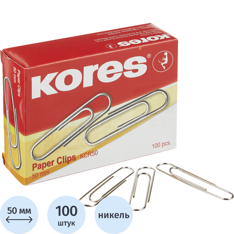 Изображение товара Канцелярские металлические скрепки Kores 50 мм никелированные, 100 шт
