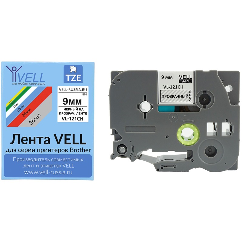 Изображение товара Картридж Vell для принтера этикеток Brother 9 мм х 8 м цвет прозрачный шрифт чёрный