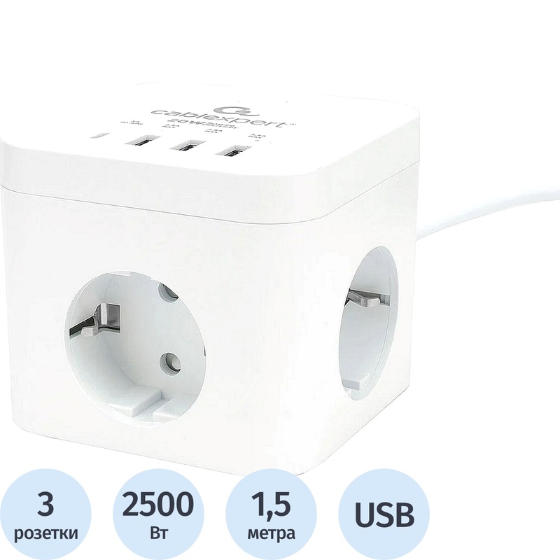 Изображение товара Сетевой фильтр Cablexpert Cube 3 розетки 1.5 метра + 3 USB