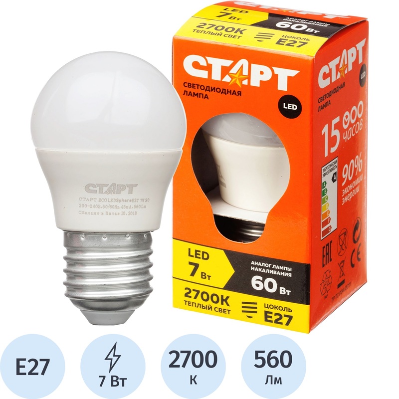 Изображение товара Лампа светодиодная Старт 7Вт E27 G матовая 2700К 560Лм