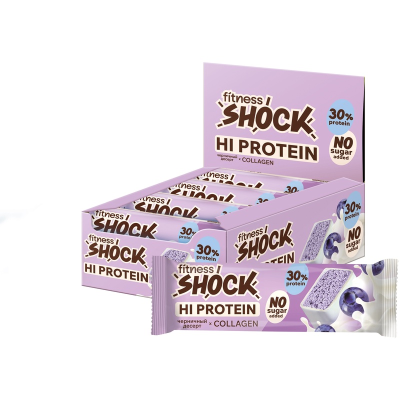 Изображение товара Батончик глазированный FitnessSHOCK черничный десерт 40 г, 12 шт в упаковке